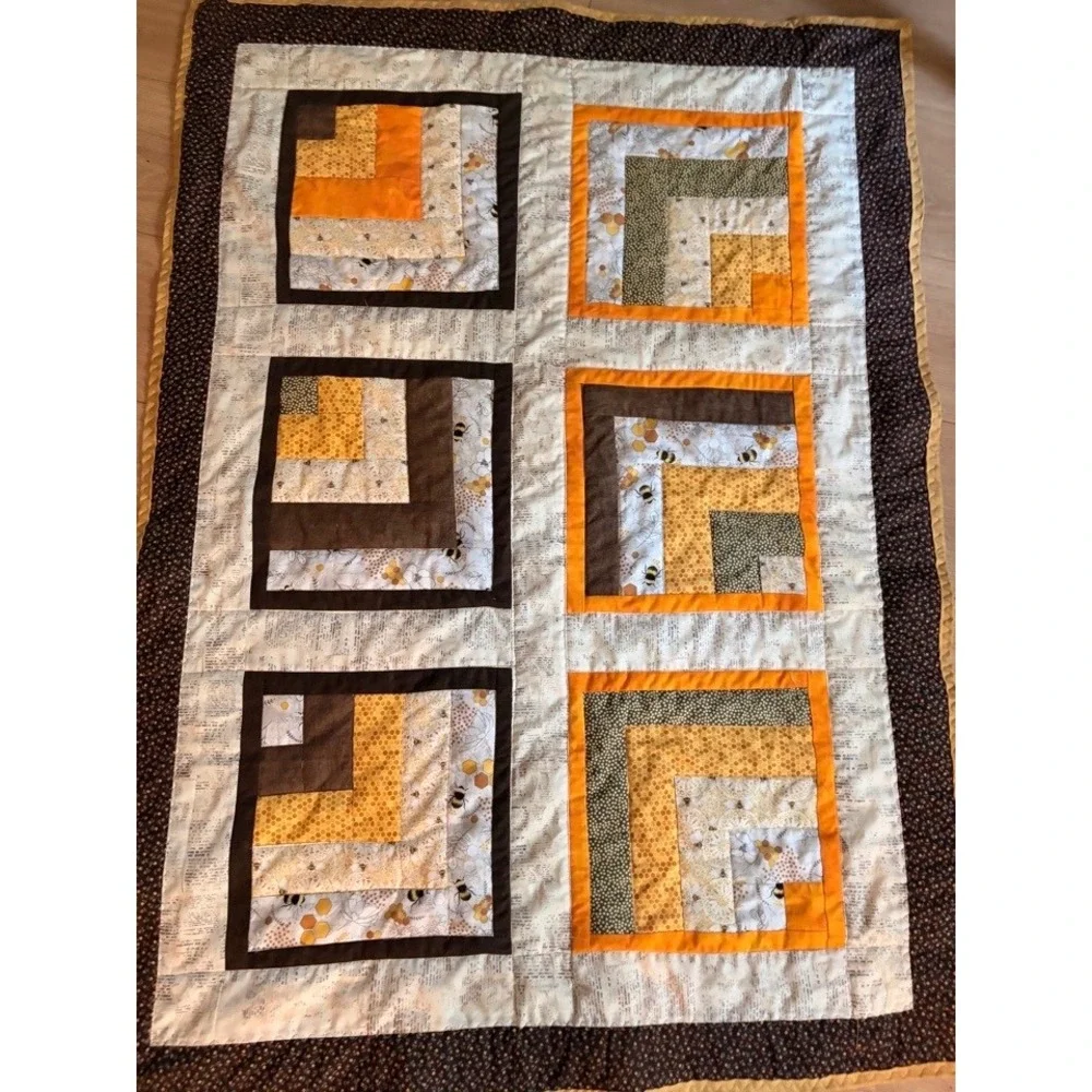 Handmade Half Log Cabin Quilt 48x24 Fall Bees Honeycomb Cotton Lap Throw Green